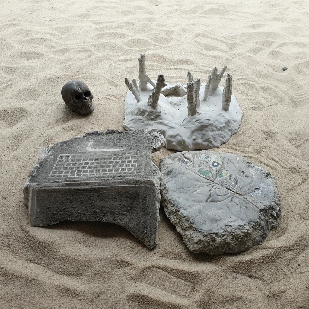 Cast impressions of technological objects arranged on sand