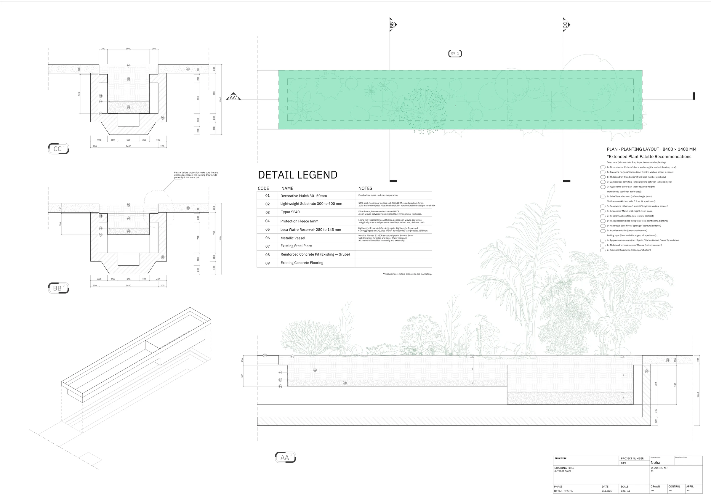 Technical drawings of the FELD.WERK greenery and planting assembly