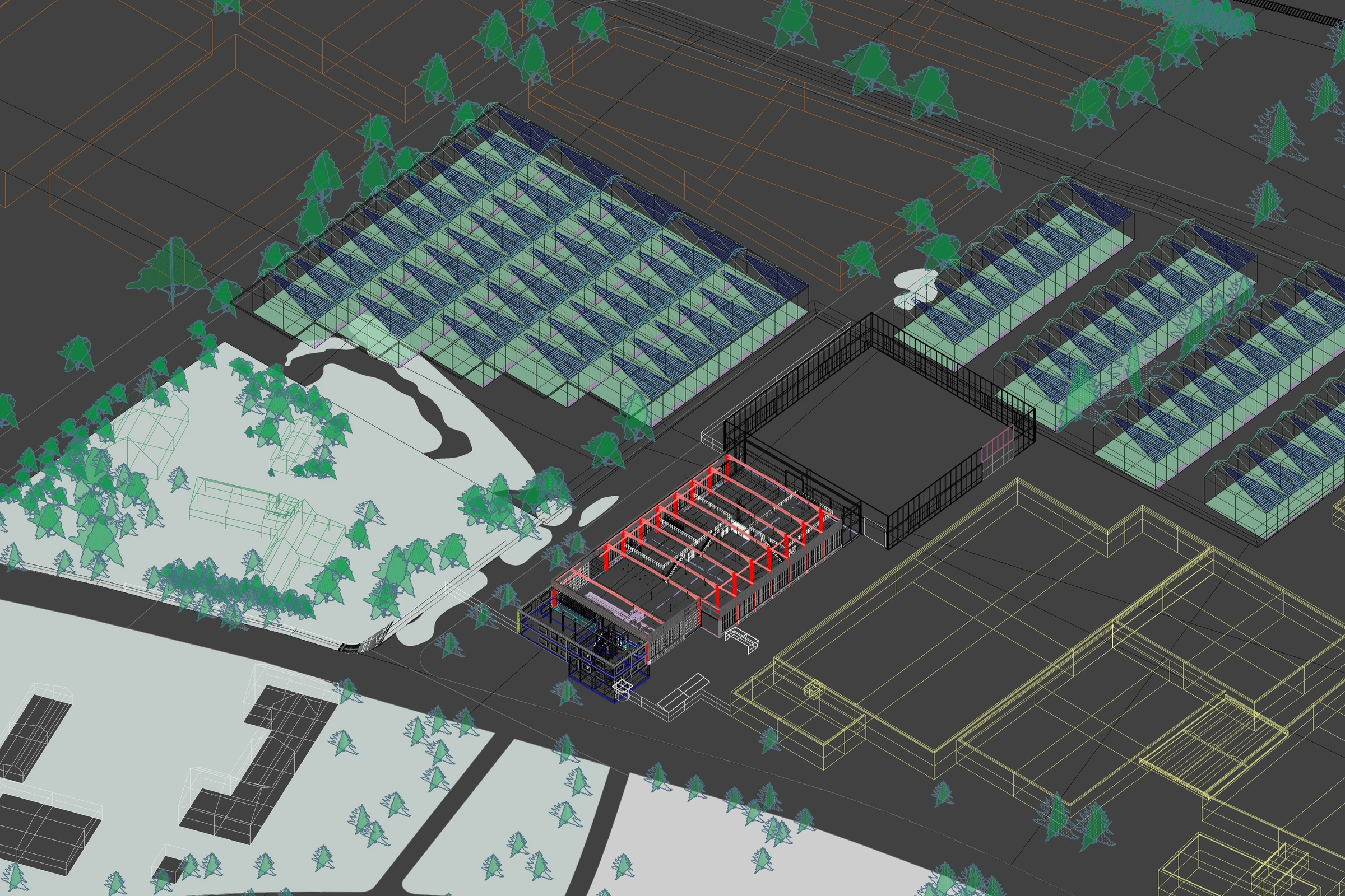 FELD.WERK axonometric model of the industrial site, buildings and planted landscape