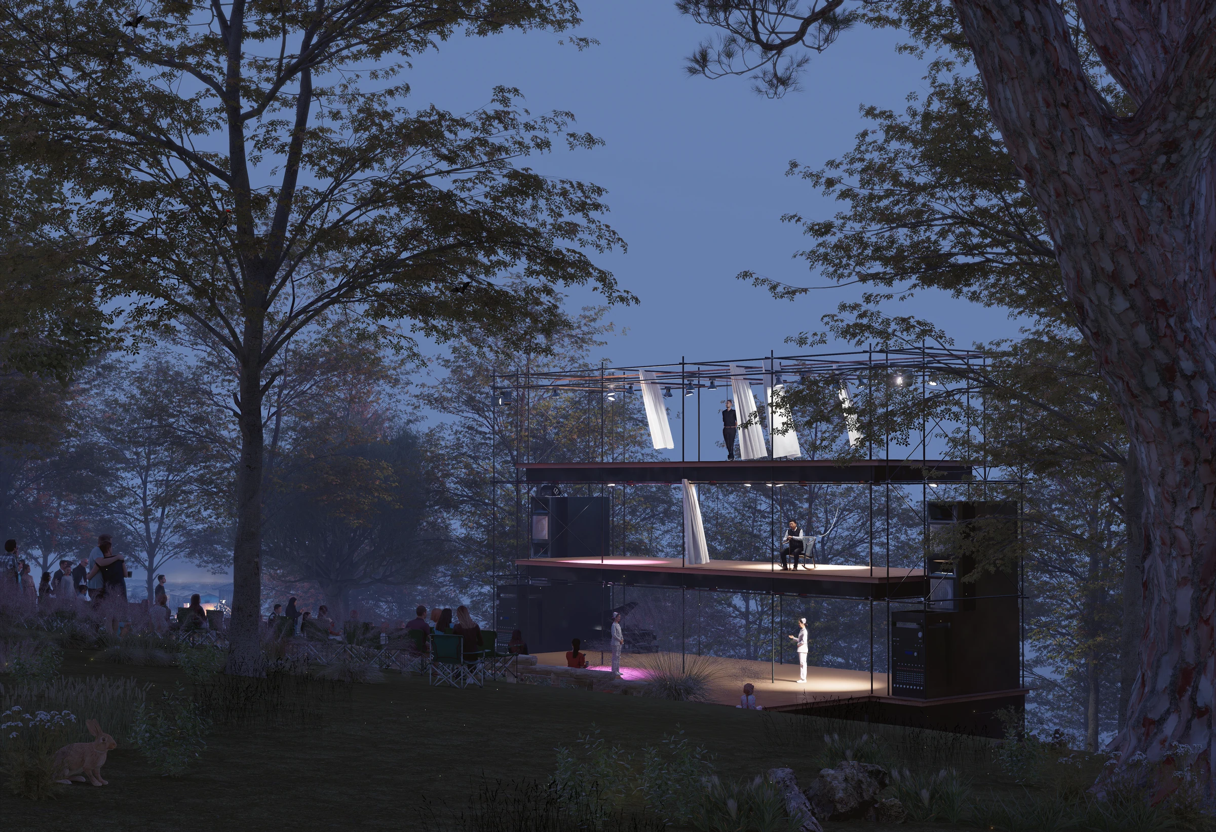 Concept view of the theatre among trees at dusk
