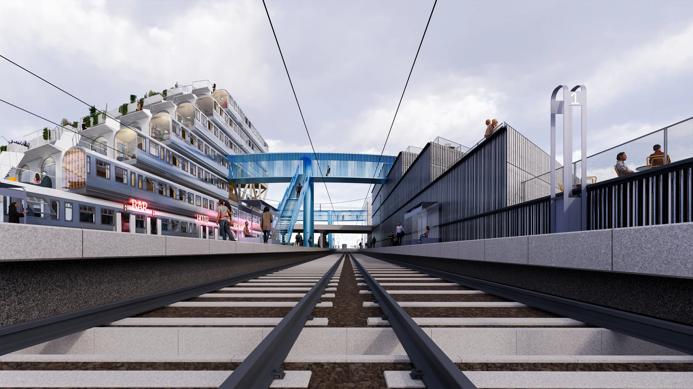 Concept view of a planted route passing between infrastructure and buildings