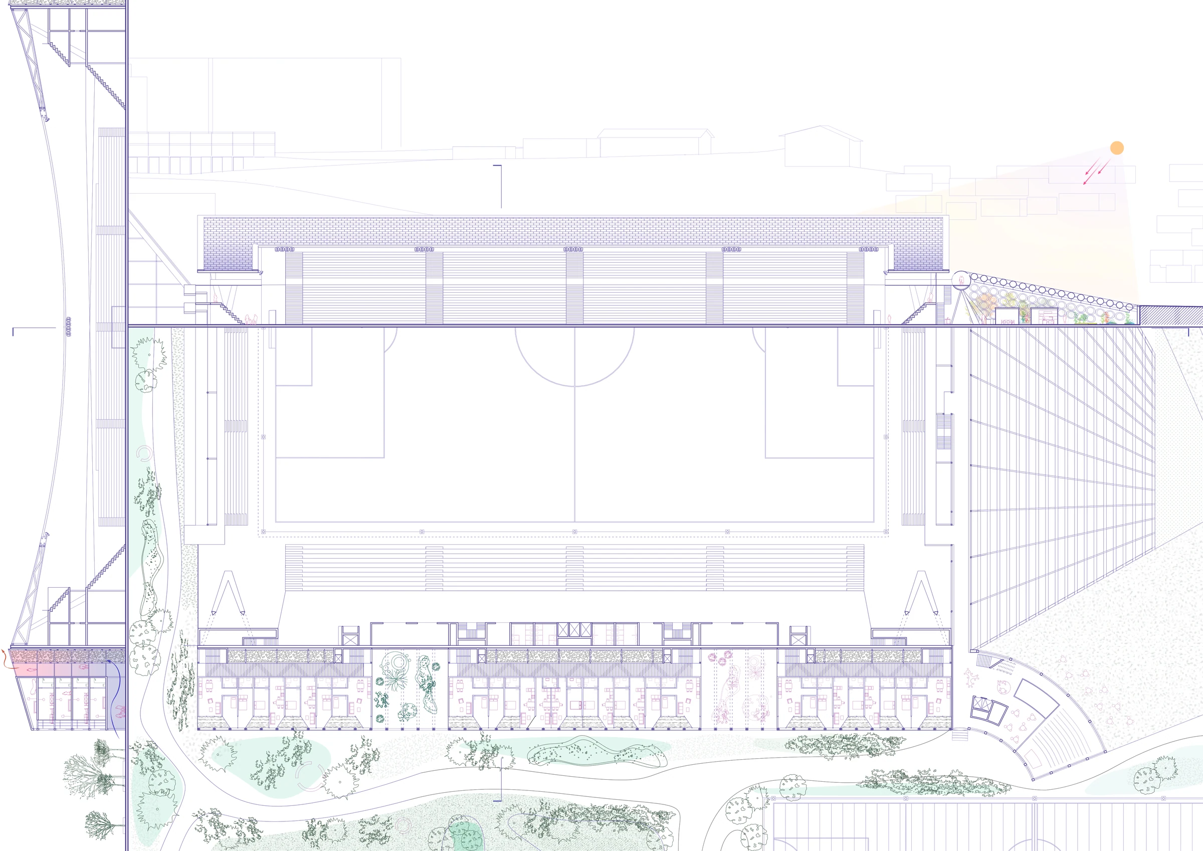Plans and sections through the proposed buildings and public spaces