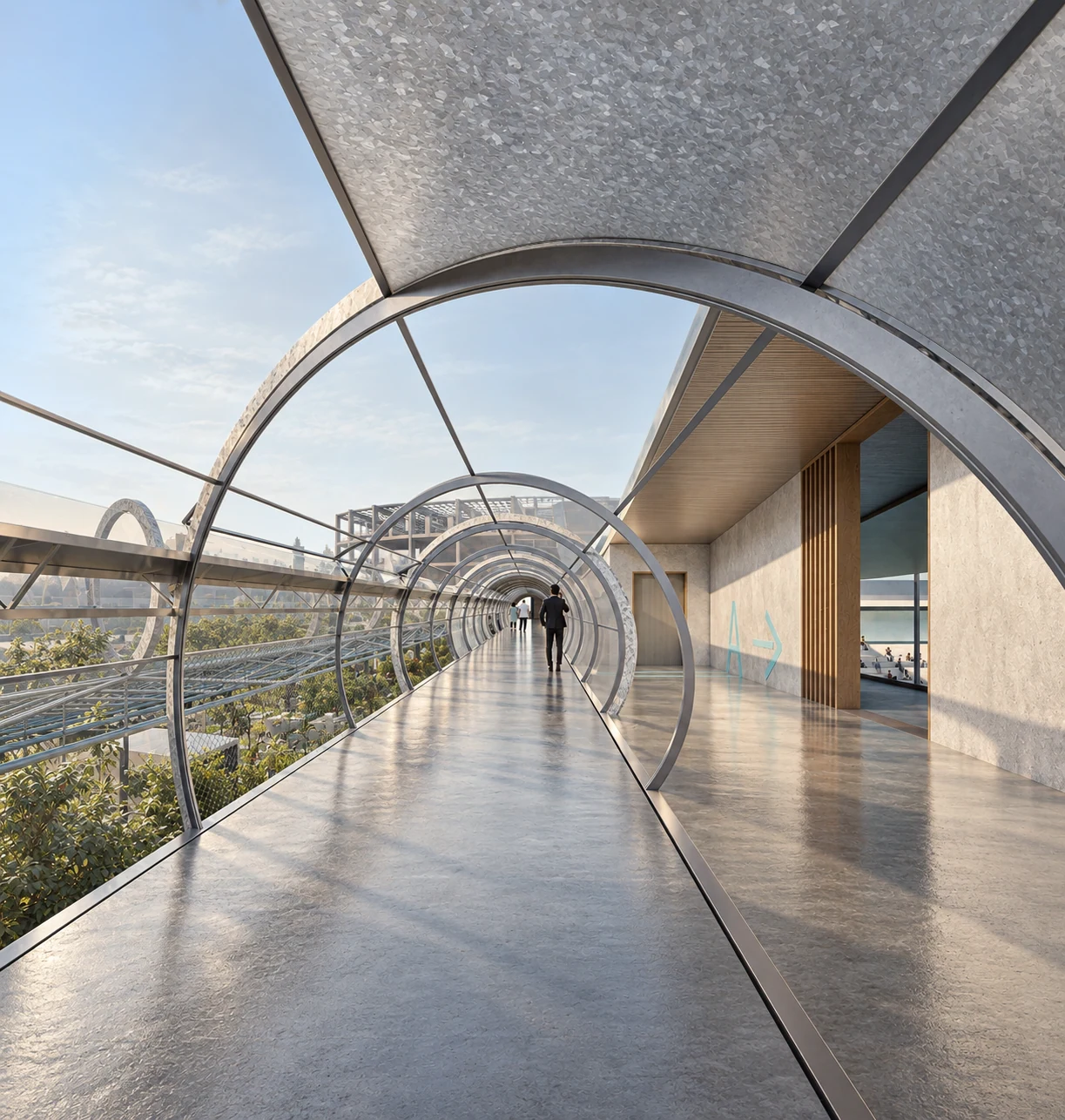 Concept view through an enclosed elevated public walkway