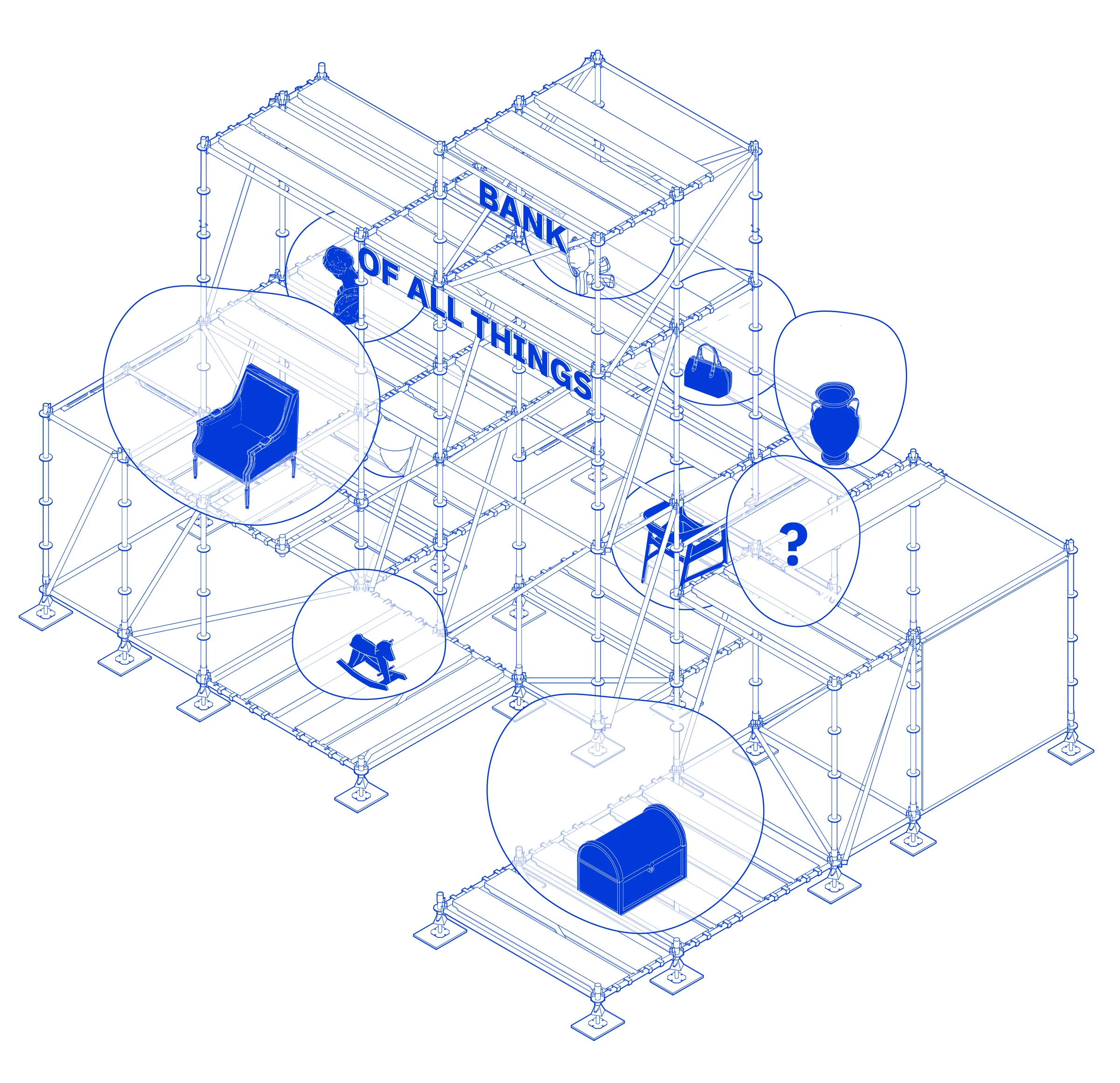 Blue axonometric study of activities within an open spatial framework