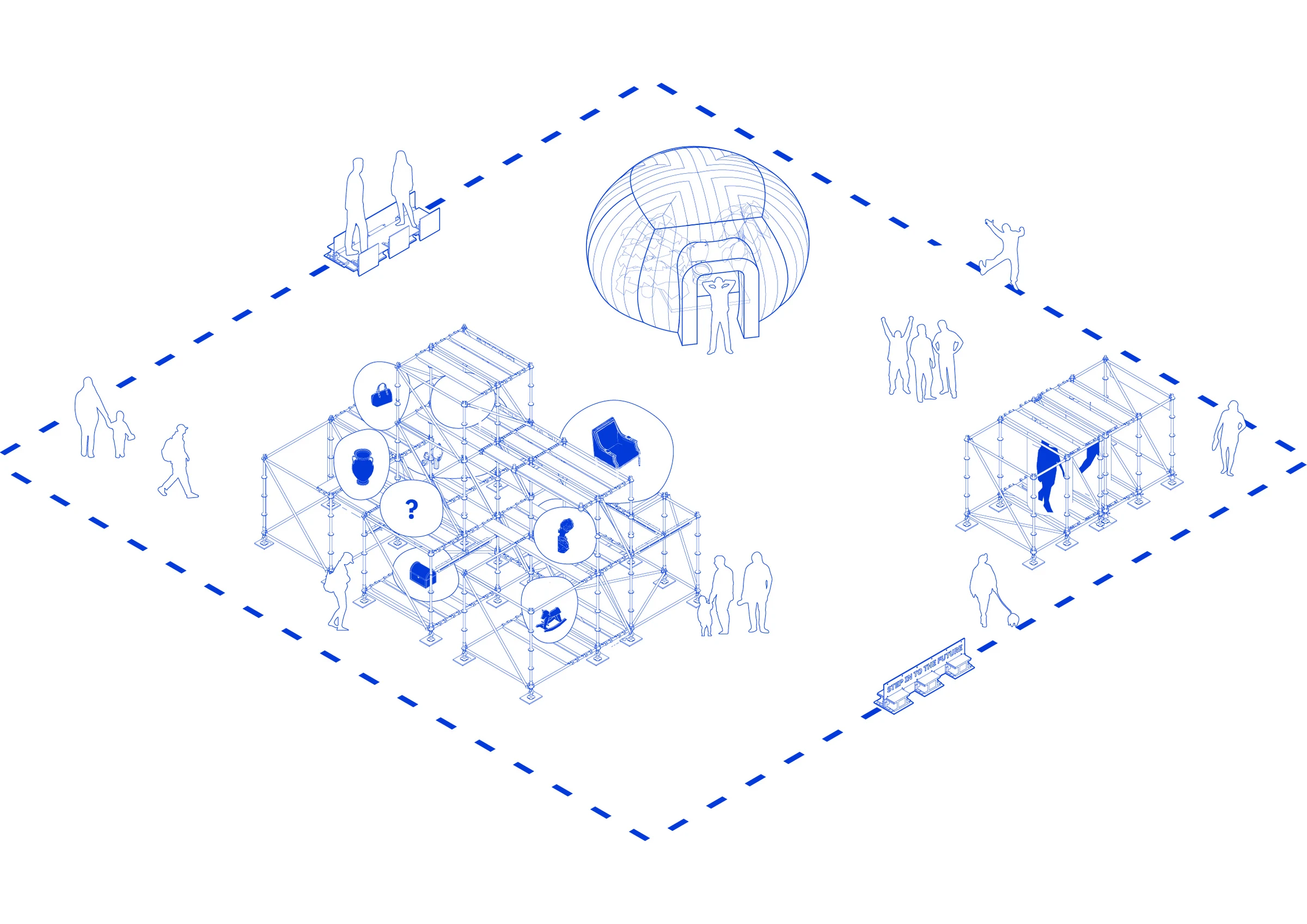 Blue axonometric overview of the installation and its components