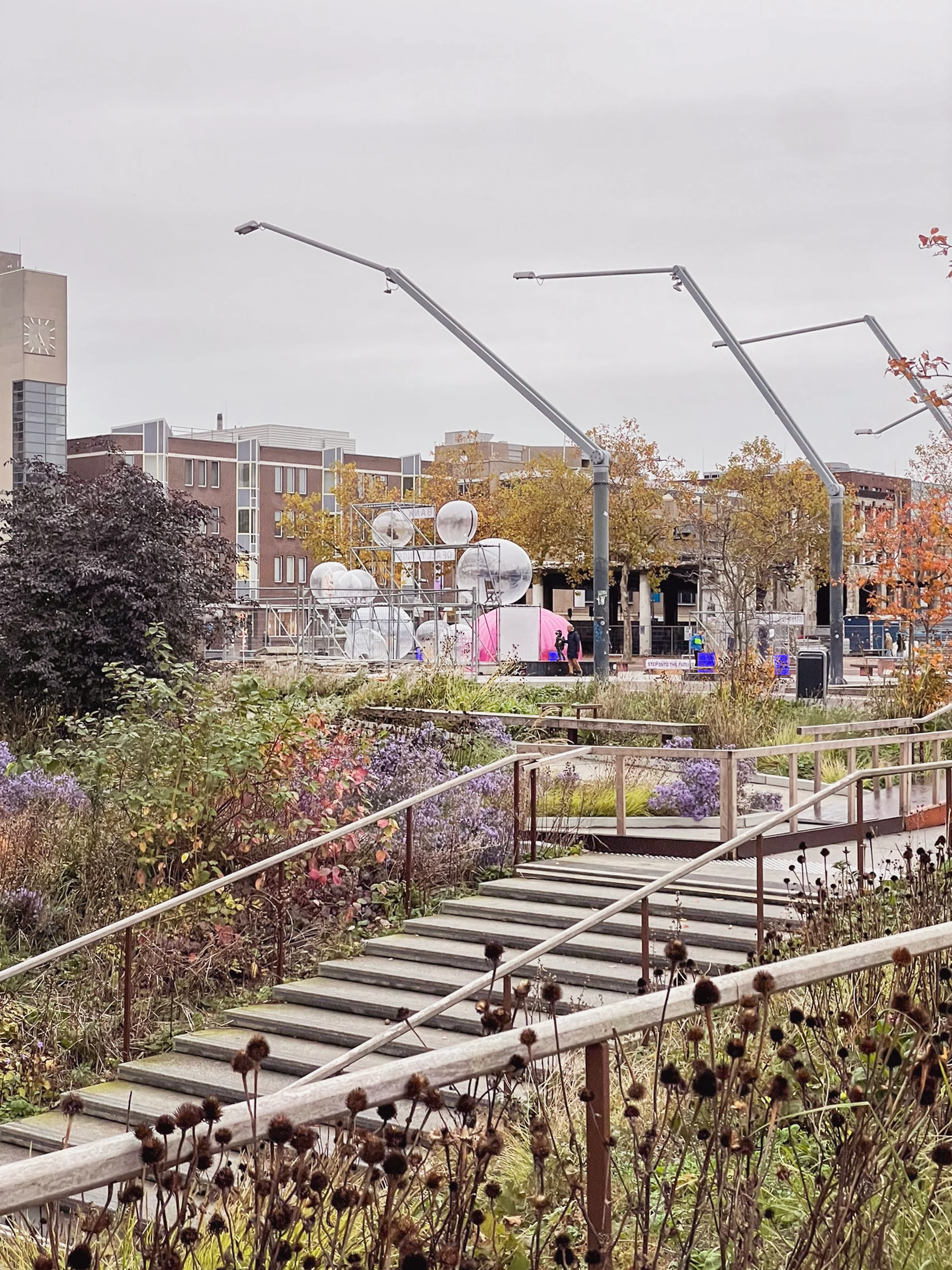 View towards the installation across a planted public garden and stepped walkway